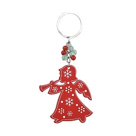 Dyed Poplar Wood Keychain, with Iron Keychain Findings, Natural Green Aventurine and Carnelian Beads, Angel