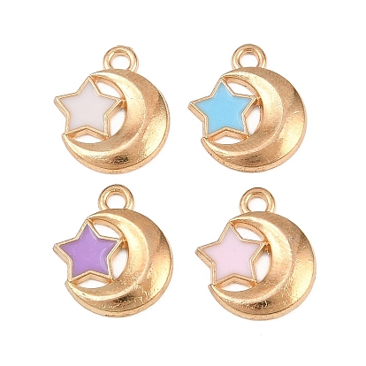 Alloy with Enamel Charms, Moon with Star Charms, Light Gold