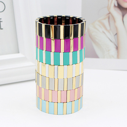 Браслеты из прямоугольных бусин из сплава, окрашенные методом запекания, эластичные., широкие браслеты для женщин