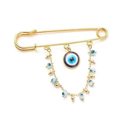 Cyan Resin Evil Eye with Brass Dangle Chain Lapel Pin, Iron Safety Pin for Women