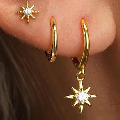 Stylish S925 Sterling Silver Clear Cubic Zirconia Star Hoop Earrings