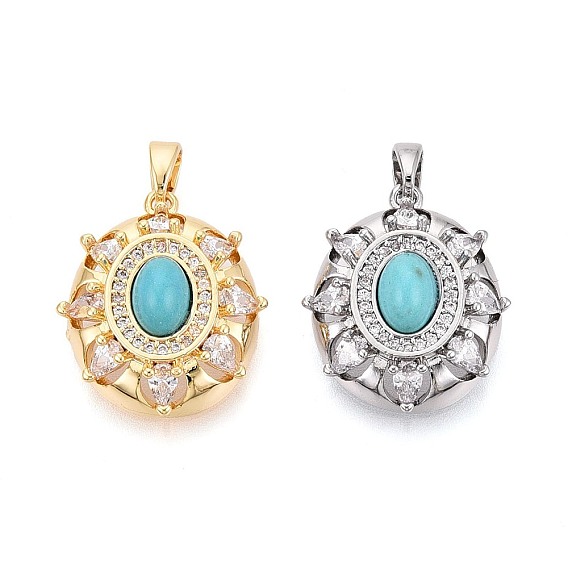 Окрашенные синтетические бирюзовые подвески, Подвески в виде цветка из прозрачных кубических цирконий, инкрустированные латунью.