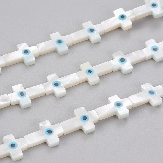 Natural White Shell Mother of Pearl Shell Beads, with Resin, Cross with Evil Eye