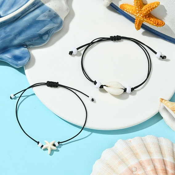 2шт. браслеты из полиэфирной нити, плетеные, звезда и раковина, с синтетической бирюзой и натуральными бусинами из ракушек каури и стеклянными бусинами