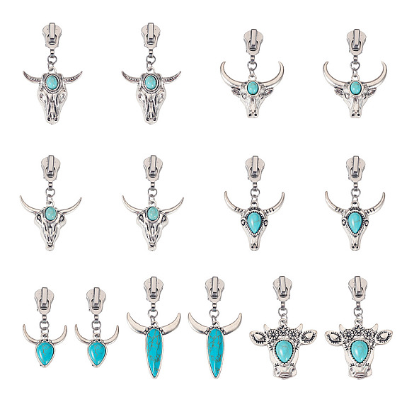 14 шт. 7 стили сплав головы крупного рогатого скота и синтетические бирюзовые застежки-молнии, для багажа чемодан рюкзак куртка сумки пальто
