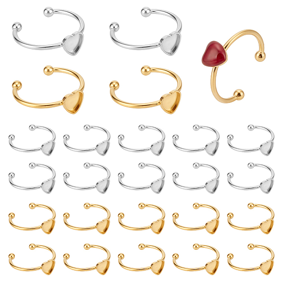24 шт. 2 цвета 304 компоненты открытого манжетного кольца из нержавеющей стали, настройка кольца колодки, сердце