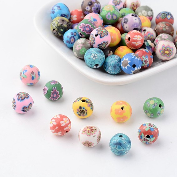 Handmade Polymer Clay Beads, for DIY Jewelry Crafts Supplies, Mixed Color, Round