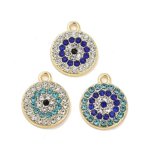 Golden Alloy Pendants, with Rhinestone, Long-Lasting Plated, Flat Round with Eye