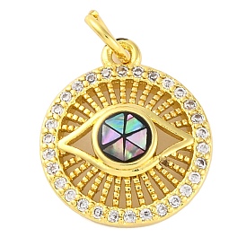 Brass Micro Pave Cubic Zirconia Pendants, with Jump Ring, Flat Round with Eye