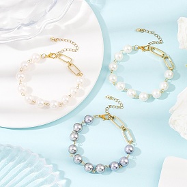 3Pcs 3 Colors Glass Pearl Round Beads Link Bracelets for Women, with Rectangle 201 Stainless Steel Quick Link Connectors