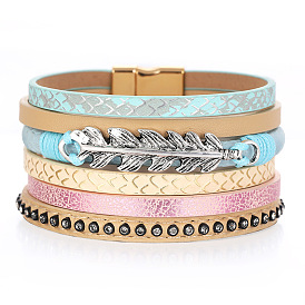 Fashion Leather Bracelet with Geometric Leaf Pendant - Multi-layer, Wide Magnetic Clasp Bangle