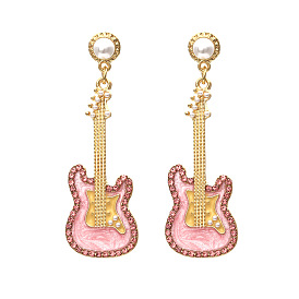 Stylish Pearl Guitar Earrings with Zinc Alloy and Rhinestone - Unique Quality Ear Accessories