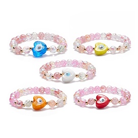 Heart with Evil Eye Lampwork Stretch Bracelet with Glass Beads for Women