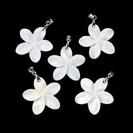 Natural Freshwater Shell Pendants, Flower Charms with Platinum Plated Brass Pinch Bails