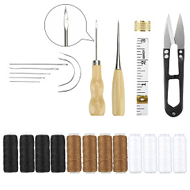 Набор инструментов для работы с кожей, включая швейные иглы, вощеная нить, шило и линейка и швейный наперсток, для поделки из кожи