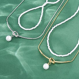 304 двухслойные ожерелья из нержавеющей стали, ожерелья с круглыми подвесками из искусственного жемчуга, белые