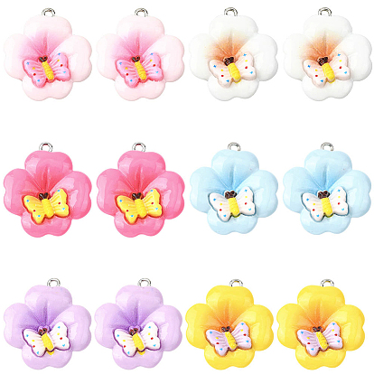 24 шт 6 цвета подвески из непрозрачной смолы, цветок с бабочкой, с железной платиной петлей