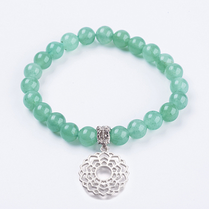 Bracelets à breloques en aventurine vert naturel, de trouver des alliés, teint, platine, fleur