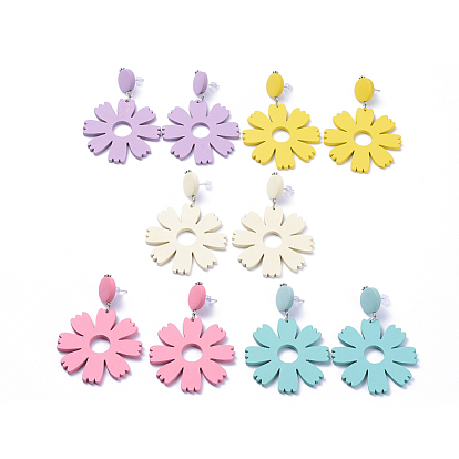 Pendientes colgantes, con colgantes de madera, 304 hallazgos de acero inoxidable y tuercas de plástico, flor y plano redondo