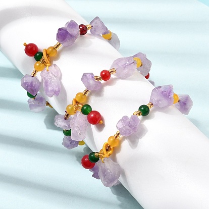 Raw Rough Natural Amethyst Nuggets Charm Beaded Stretch Bracelets for Women, with Plastic Beads