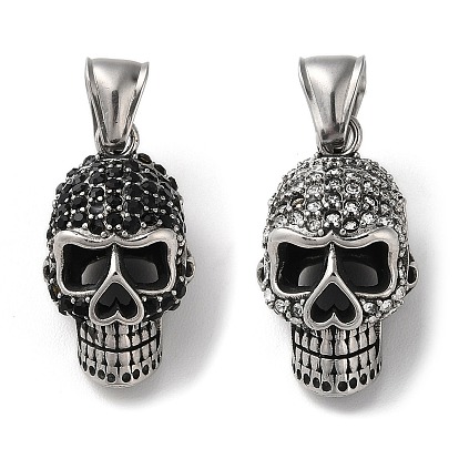 304 Stainless Steel Pendants, with Rhinestone, Antique Silver, Skull Charm