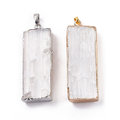 Natural Selenite Big Pendants, Rectangle Charms, with Rack Plating Brass Findings