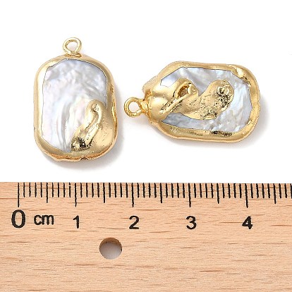 Natural Baroque Keshi Pearl Pendants, with Rack Plating Brass Findings, Rectangle Charms, Real 14K Gold Plated