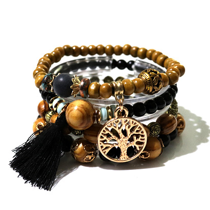 Bohemian Style Multilayer Wood Bead Bracelet Elastic Cord Jewelry Hand Ornament.