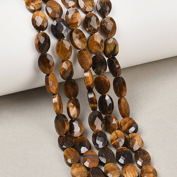 Природных тигровый глаз бисер нитей, граненые, Плоско-овальные