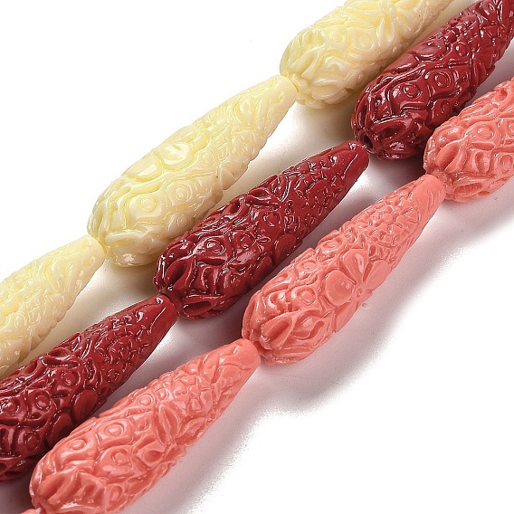 Нити резных бусин из синтетического коралла, окрашенные, слеза