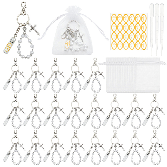 Glass Bottle & Alloy Cross Pendant & Acrylic Pearl Bead Keychains, with Organza Bags & Plastic Dropper & Plastic Stickers