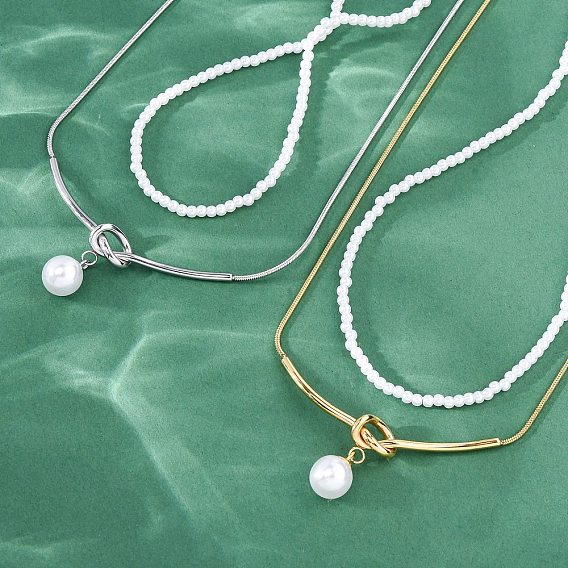 304 двухслойные ожерелья из нержавеющей стали, ожерелья с круглыми подвесками из искусственного жемчуга, белые