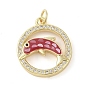Brass Micro Pave Clear Cubic Zirconia Pendants, with Enamel and Shell & Jump Ring, Real 18K Gold Plated, Flat Round with Dolphin Charm