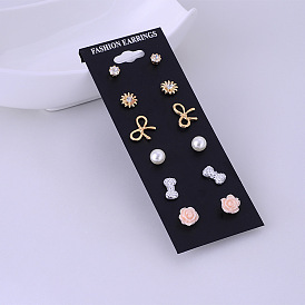 Chic Pearl Flower Stud Earrings Set with Rhinestone Butterfly - 6 Pairs for Women