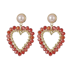 Wrapped Glass Beaded Dangle Stud Earrings, Heart Brass ABS Plastic Imitation Pearl Earring for Women