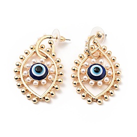 Resin Evil Eye Dangle Stud Earrings with Acrylic Pearl Beaded, Light Gold Plated Alloy Long Drop Earrings for Women