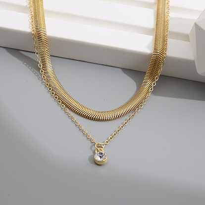 Sparkling Double-layered Snake Chain Necklace with Creative Zircon Pendant