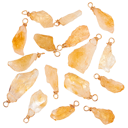 16piezas colgantes de citrino natural, con alambre de cobre ecológico chapado en oro real 18k envuelto, pepitas