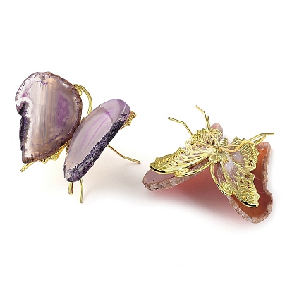 Dyed & Heated Natural Agate Display Decorations, Butterfly Rack Plating Brass Holder for Home Office Feng Shui Ornament