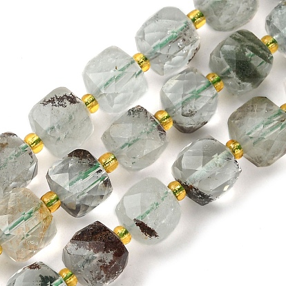 Natural Green Lodolite Quartz/Garden Quartz Beads Strands, with Seed Beads, Faceted Cube