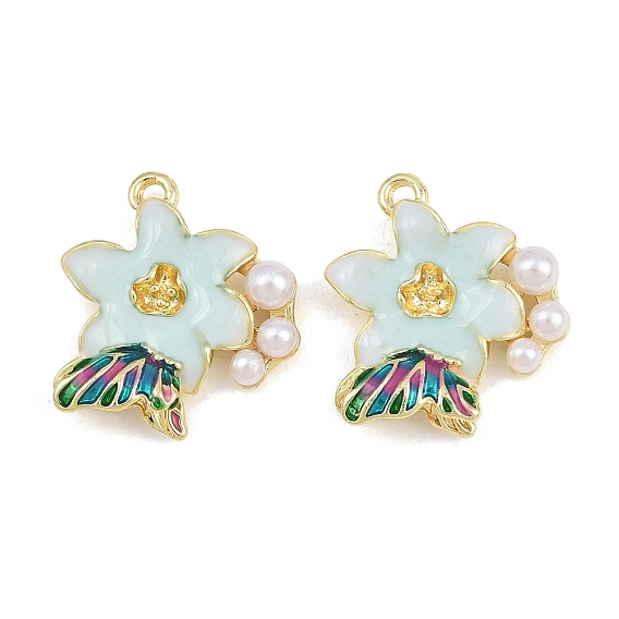 Colgantes de perlas de aleación, esmalte y plástico ABS, dijes de flores y mariposas, larga duración plateado, chapado en rack