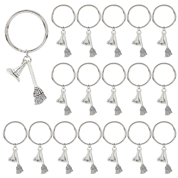 20Pcs Alloy Keychains, with Iron Rings, Broom with Witch Hat