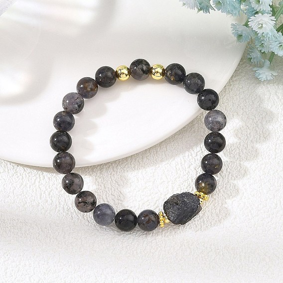 Natural Iolite and Brass Beaded Stretch Bracelets for Women, Nuggets and Round