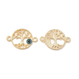 Alloy Connector Charms with Steel Blue Enamel, Flat Round Tree Links with Evil Eye, Nickel
