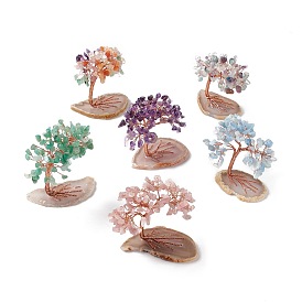 Natural Gemstone Tree Display Decoration, Agate Slice Base Feng Shui Ornament for Wealth, Luck, Rose Gold Brass Wires Wrapped