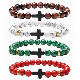 Natural Stone Cross Bracelet with Red Jasper, Tiger Eye and Lava Beads