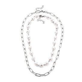 White Plastic Imitation Pearl Beaded Necklaces & Iron Paperclip Chain Necklaces Sets, with 304 Stainless Steel Lobster Claw Clasps