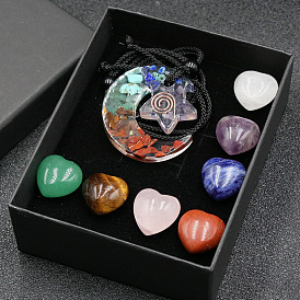 7 Chakra Healing Crystal Stones Kits, Including 7 Heart Spiritual Chakra Palm Stones and 1 Moon Star Gems Necklace