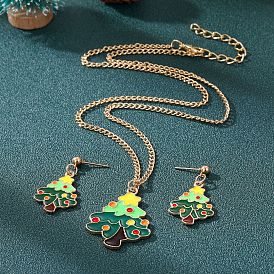 Christmas-themed Jewelry Set for Women - Unique Green Christmas Tree Earrings Necklace Set.