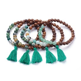 Natural African Turquoise(Jasper) Stretch Charm Bracelets, with Indian Agate and Tassels